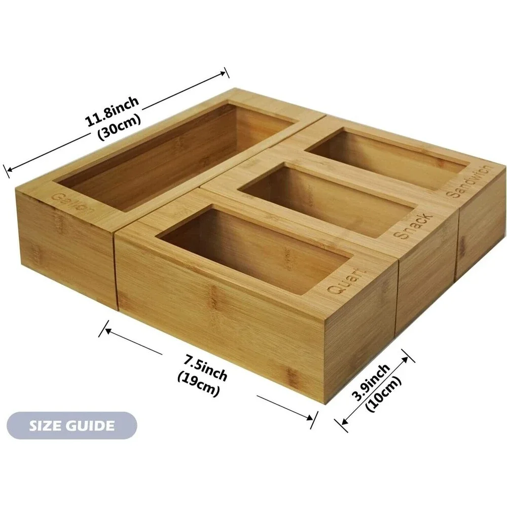 Bamboo Ziplock Bag Storage Organizer - 4 Separate Food Storage Bag Organizer
